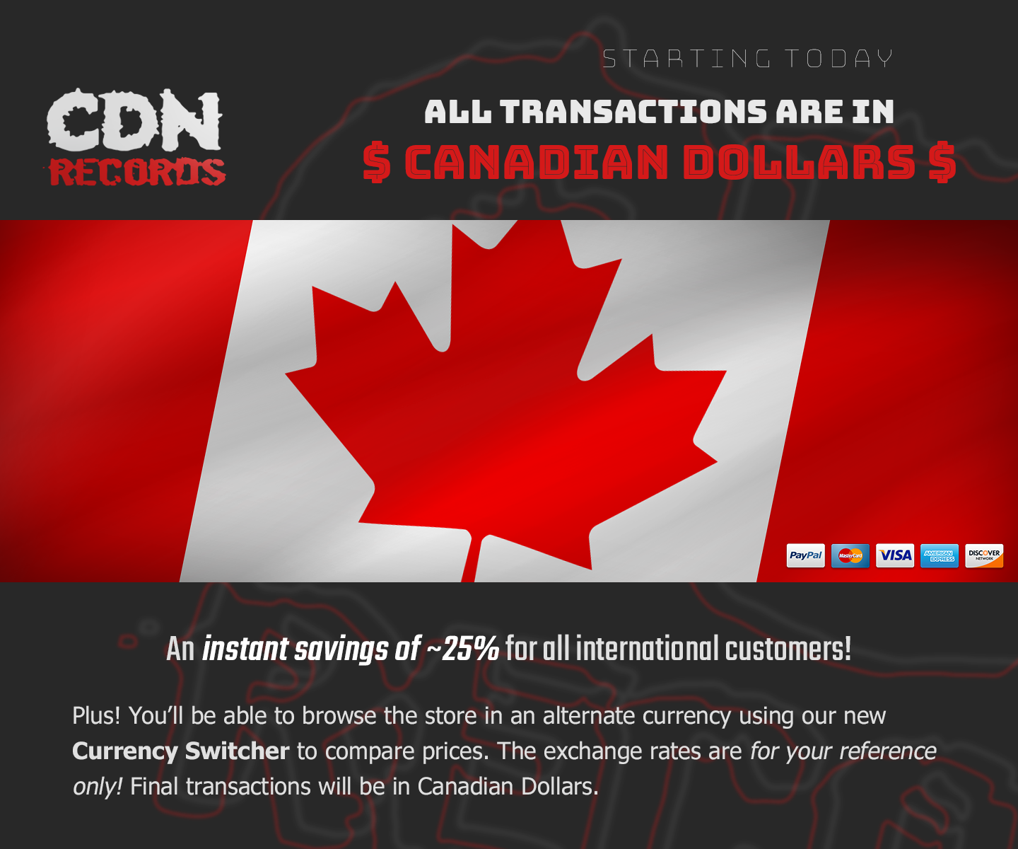 A banner image promoting all transactions in Canadian Dollars