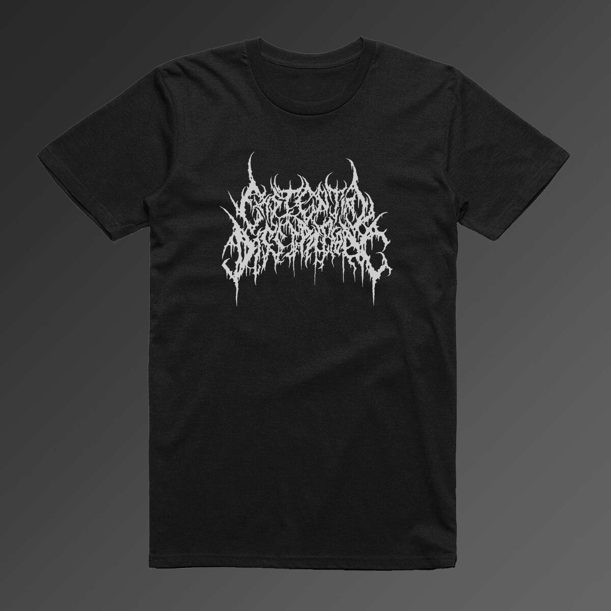 A mockup of the Existential Dissipation logo tee
