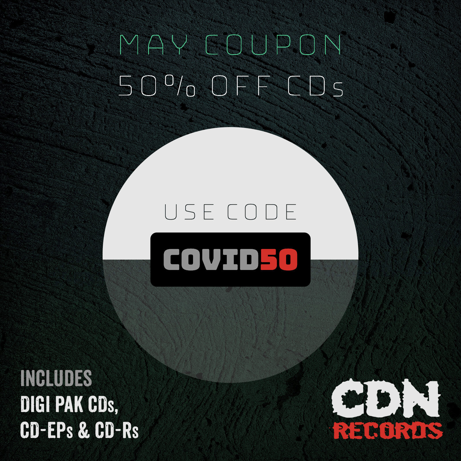 Promo graphic for COVID50 coupon
