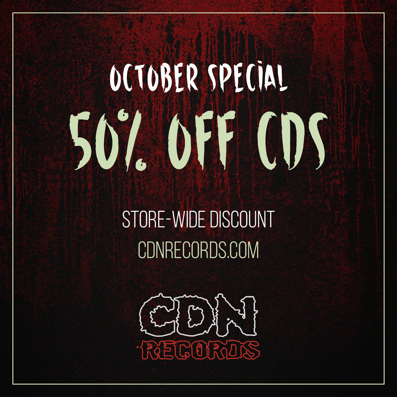 Promo graphic for store-wide 50% off CDs