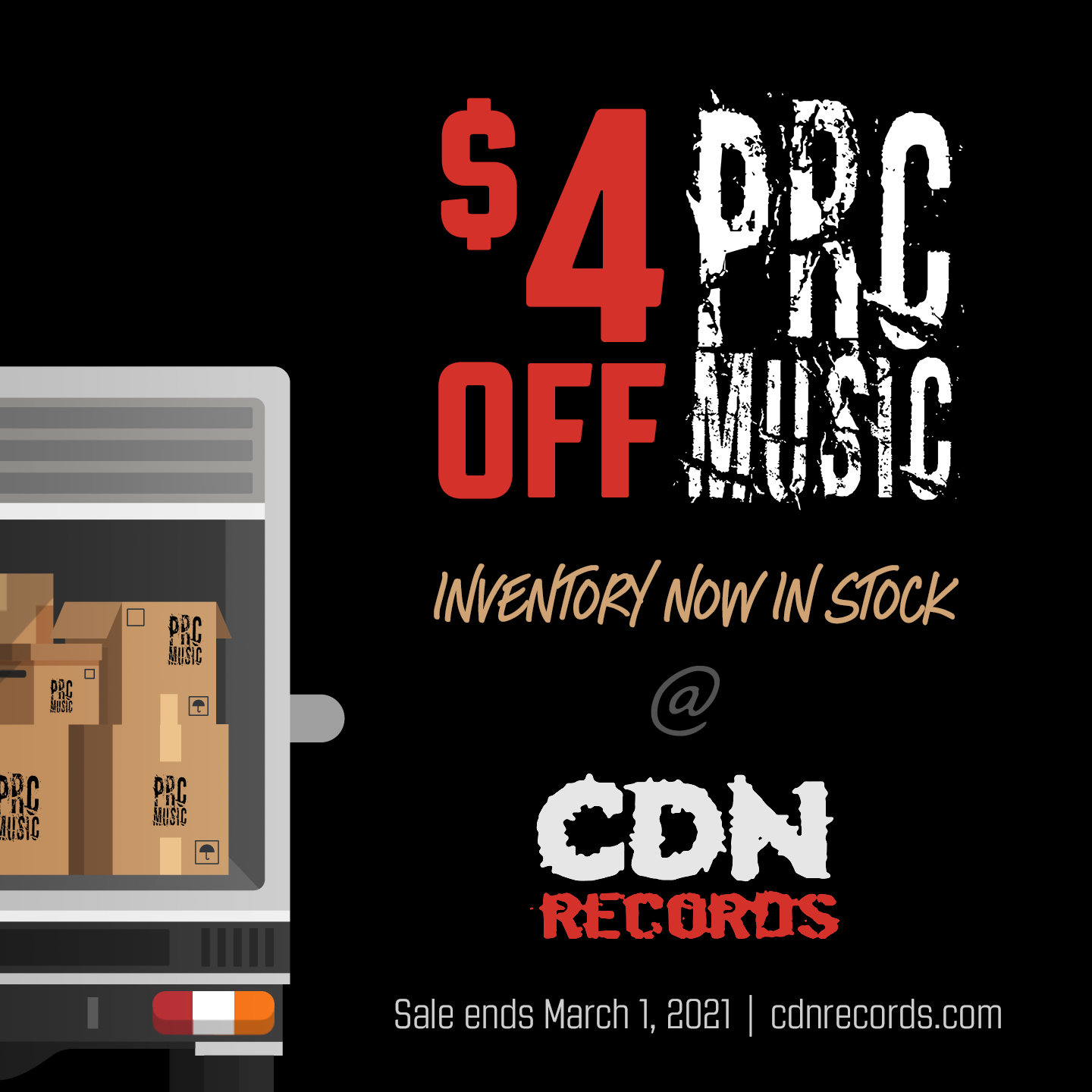 Promo graphic for $4 Off PRC Music titles