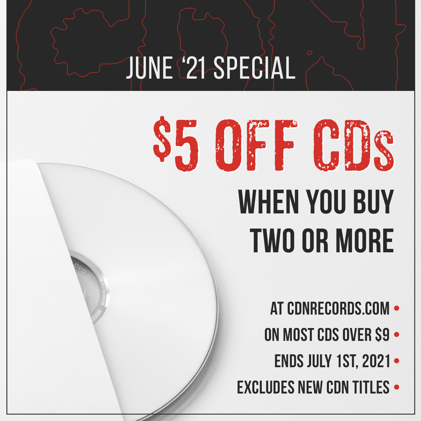 Promo graphic for $5 off CDs in June